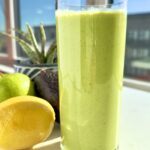Low-glycemic green smoothie made with spinach, green apple, avocado, Greek yogurt, and seeds for steady energy and balanced blood sugar.